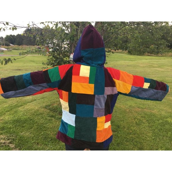 Handmade Patchwork Unisex Small Rainbow Corduroy Festival Jacket Hoodie Hippie - Picture 3 of 10